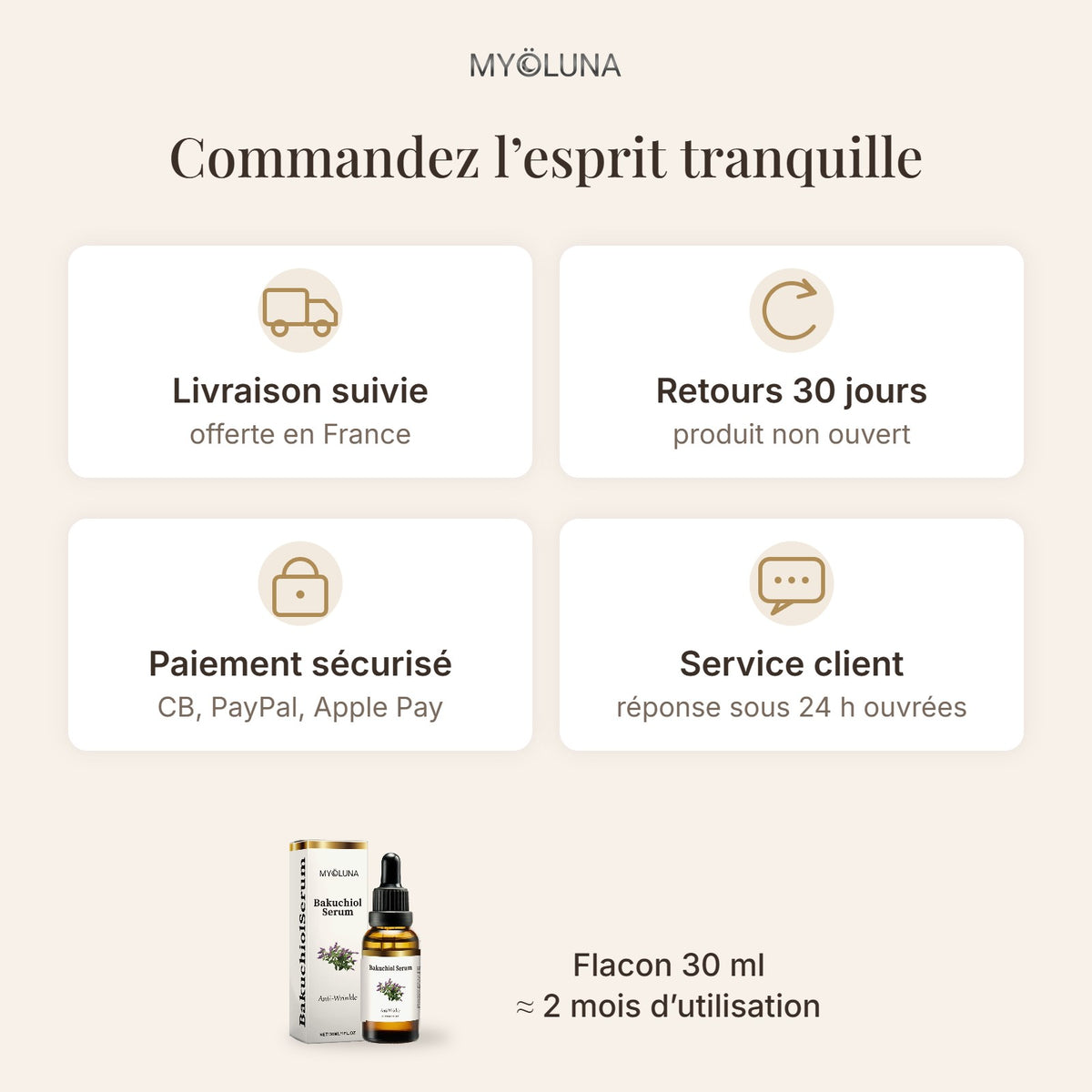 Livraison suivie offerte, retours 30 jours, paiement sécurisé